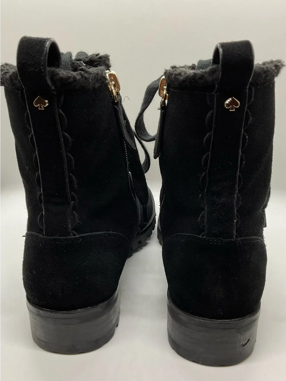KATE SPADE NEW YORK Raegan Faux Shearling Combat Suede Black Boots  Size 6.5